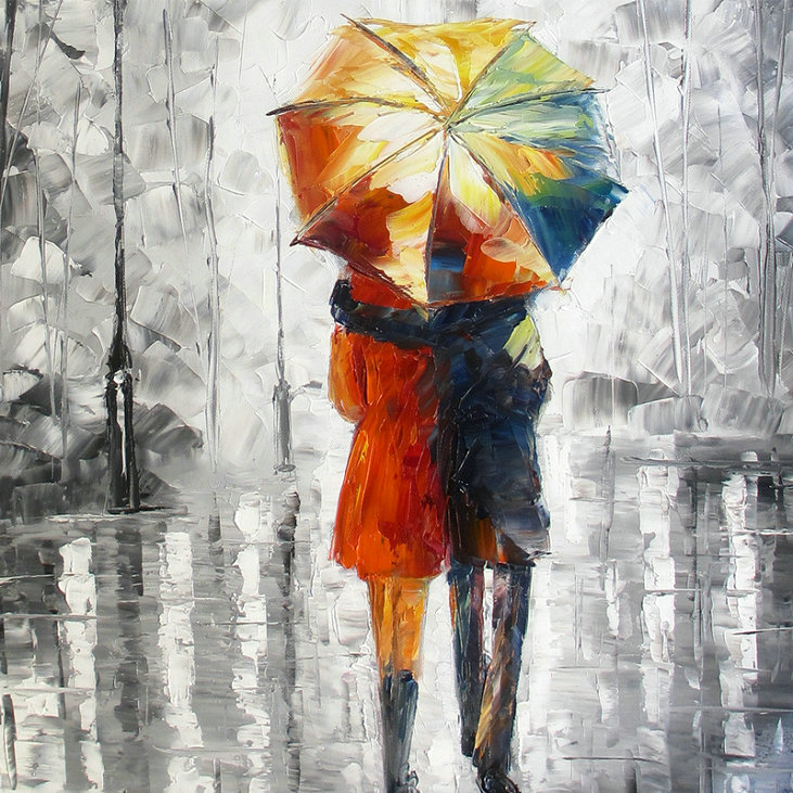 Canvas Art "Lovers under the one umbrella" Palette Knife Painting Black White Red Blue